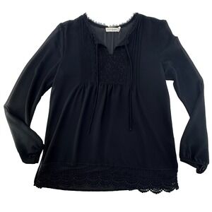 Live To Be Spoiled Womens M Black Boho Blouse Lace Trim Sheer Top